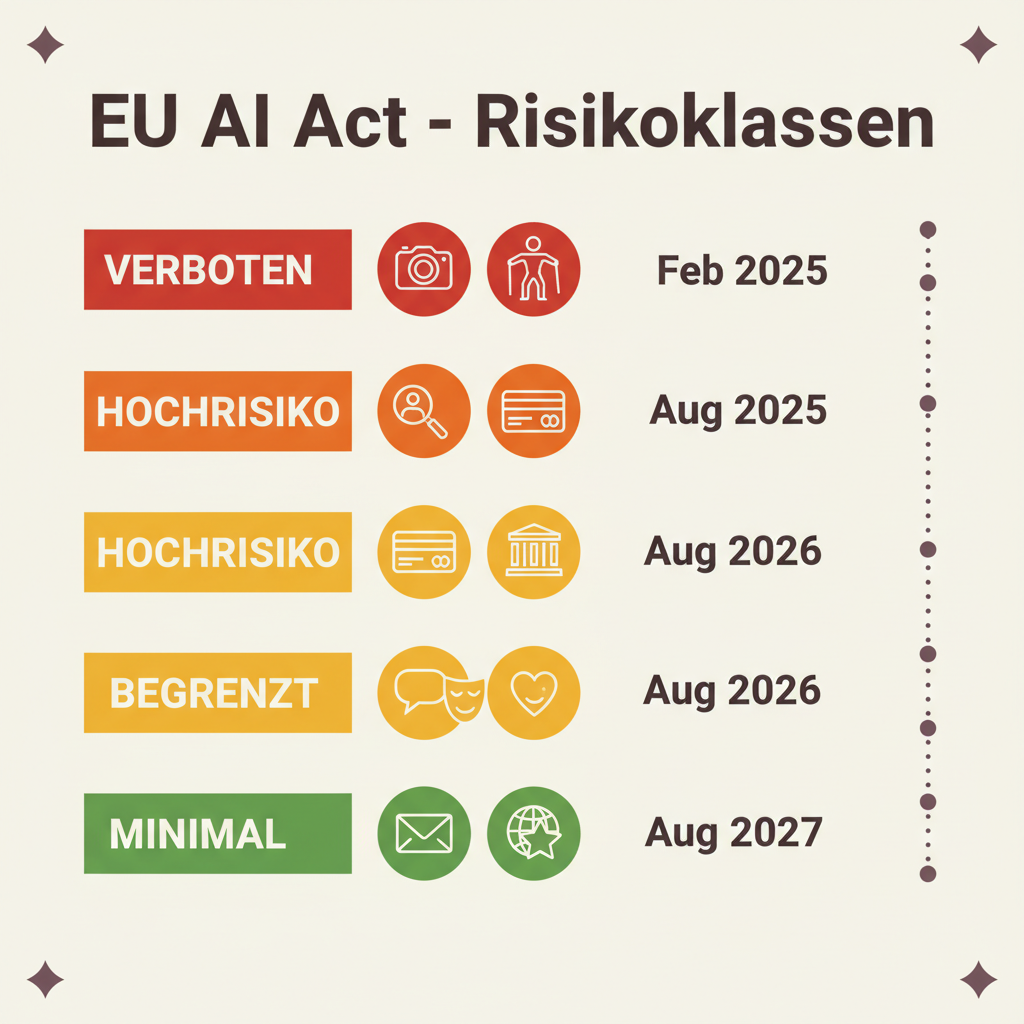 Infografik: EU AI Act Risikoklassen — Verboten, Hochrisiko, Begrenzt, Minimal mit Fristen