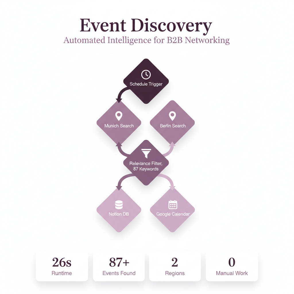 Infografik: Automatische Event-Erkennung — Schedule, München + Berlin, Filter, Notion, Kalender