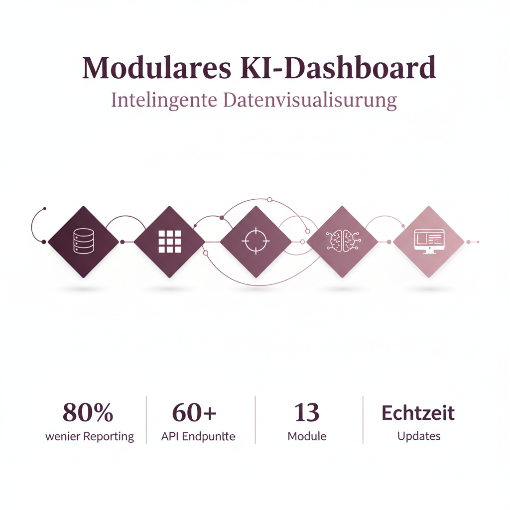Infografik: Modulares KI-Dashboard System — Datenquellen, 13 Karten, Relevanz-Engine, KI-Agent, Dashboard