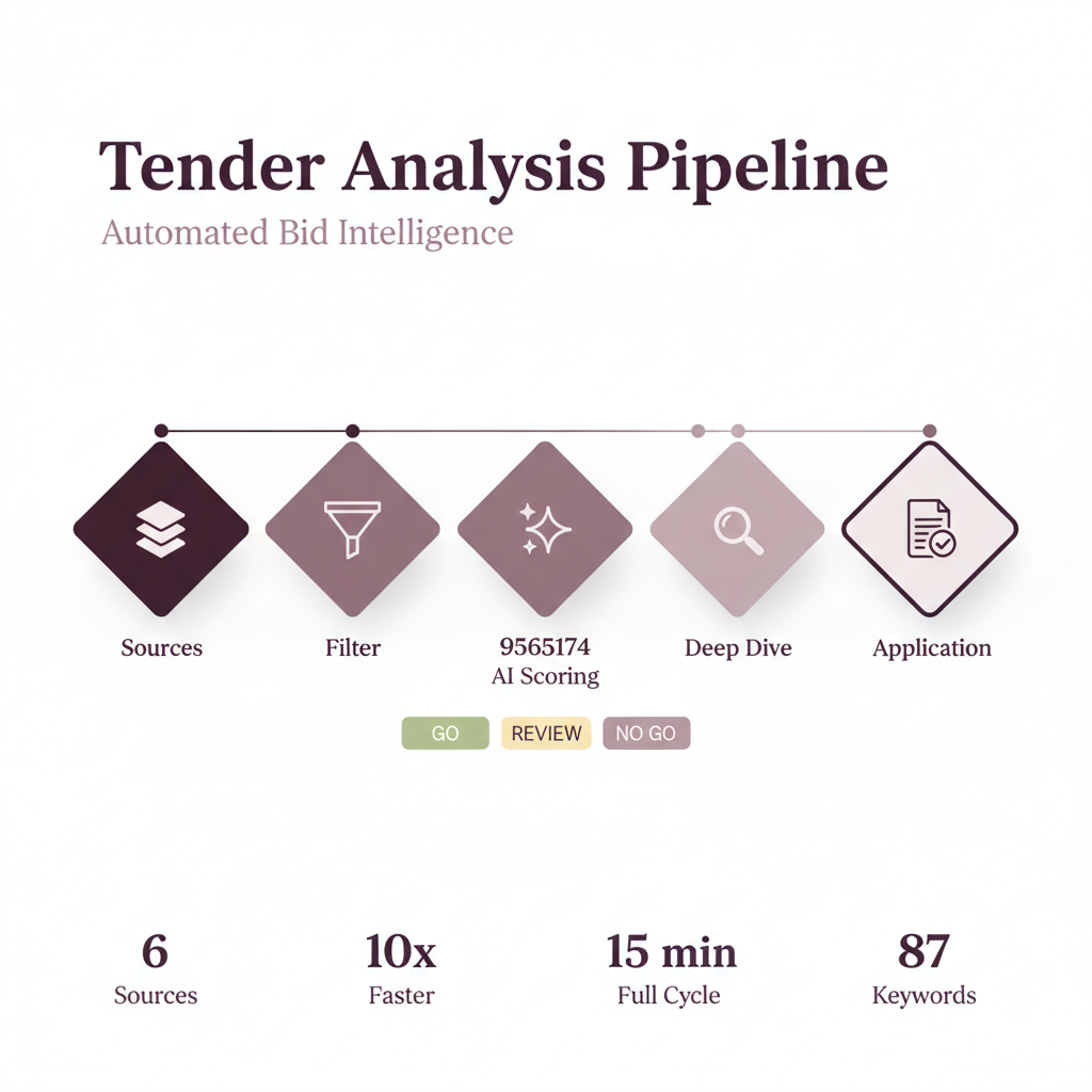 Infografik: Automatisierte Ausschreibungsanalyse — 6 Quellen, Filter, KI-Scoring, Deep Dive, Bewerbung