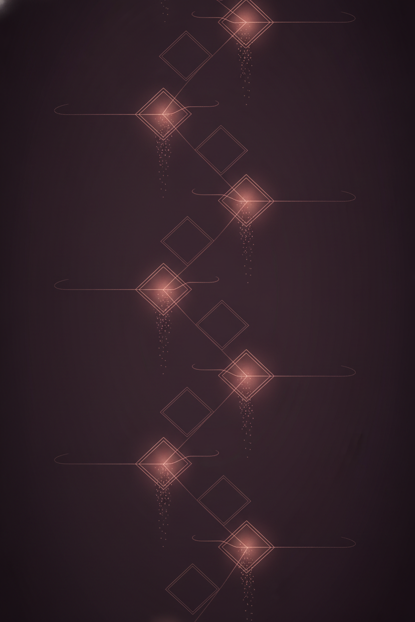 Senkrecht verlaufende Kette aus Rauten-Modulen, einige glühen warm — Illustration der Modular-Ops-Modulkette